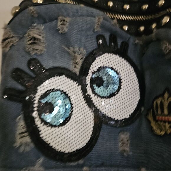 Unique Stunning Backpack. Distressed Soft Denim. Patches. Embroidery Bling Euc - Picture 2 of 13